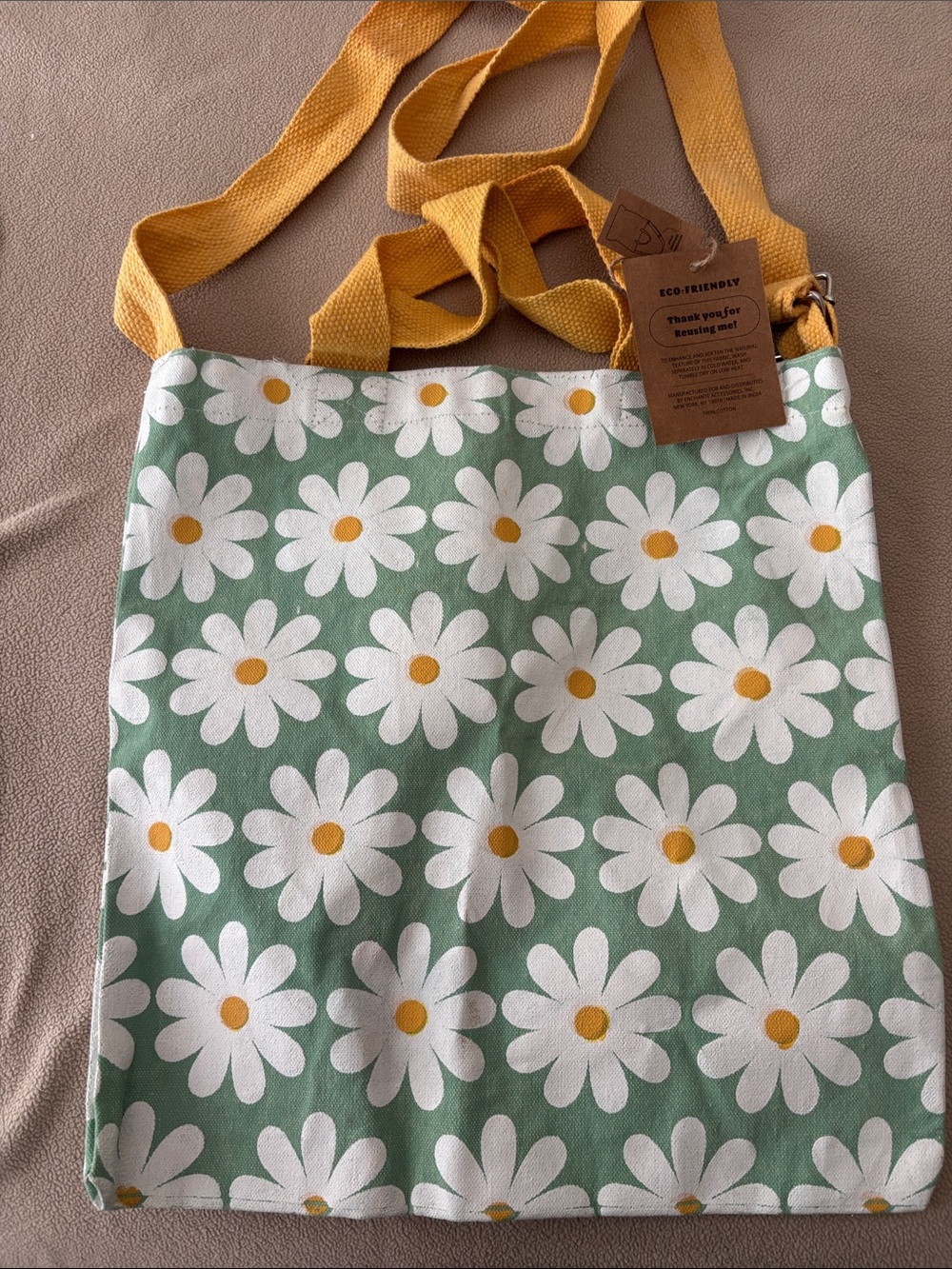 Eco-Friendly Green Daisy Canvas Tote with Mustard Straps